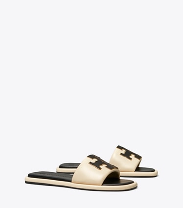 Tory Burch designer sandals Double T Sport Slide in NEW CREAM / PERFECT BLACK / GOLD angle