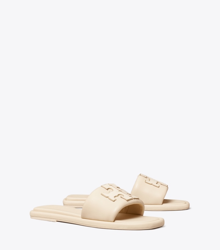 Tory Burch designer sandals Double T Sport Slide in Dulce De Leche / GOLD angle