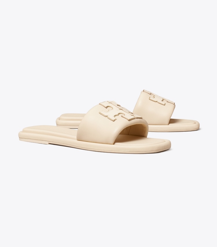 Tory Burch designer sandals Double T Sport Slide in Dulce De Leche / GOLD angle