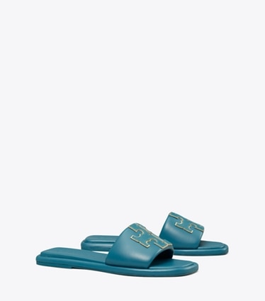 Tory Burch designer sandals Double T Sport Slide in BRISK BLUE / GOLD angle