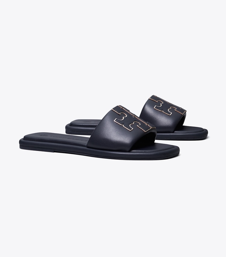 Tory Burch designer sandals Double T Sport Slide in PERFECT NAVY / GOLD angle