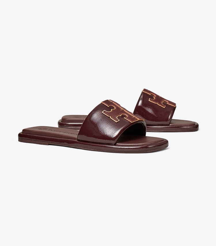 Tory Burch designer sandals Double T Sport Slide in PLUM / GOLD angle