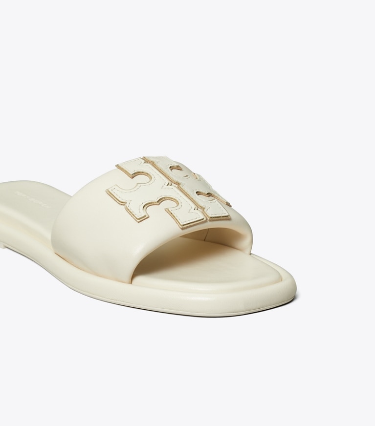 Tory Burch designer sandals Double T Sport Slide in LIGHT CREAM / GOLD angle