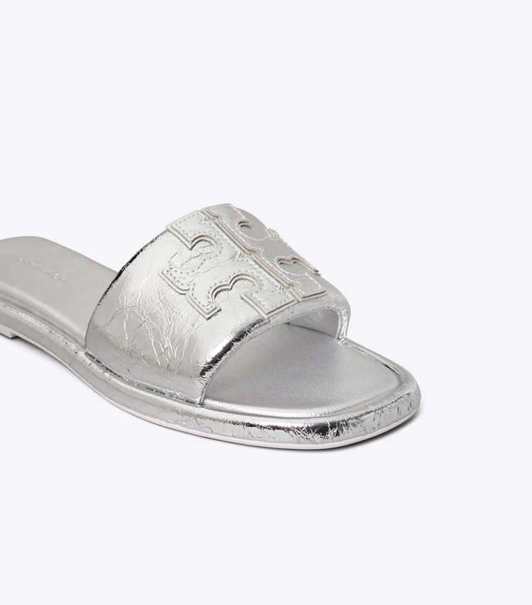 Tory Burch designer sandals Double T Sport Slide in Silver detail