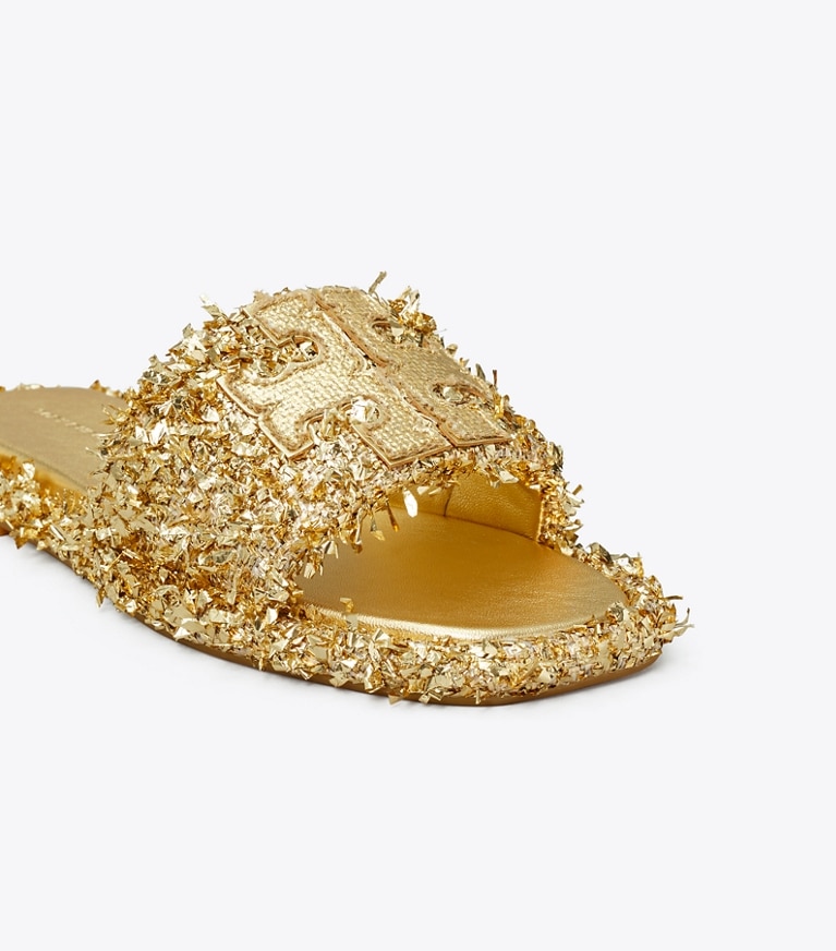 Tory Burch designer sandals Double T Sport Slide in GOLD / GOLD angle
