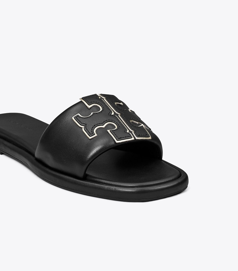 Tory Burch designer sandals Double T Sport Slide in PERFECT BLACK / GOLD angle