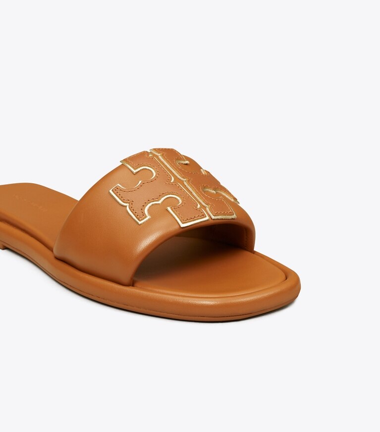Tory Burch designer sandals Double T Sport Slide in BOURBON MIELE / GOLD angle