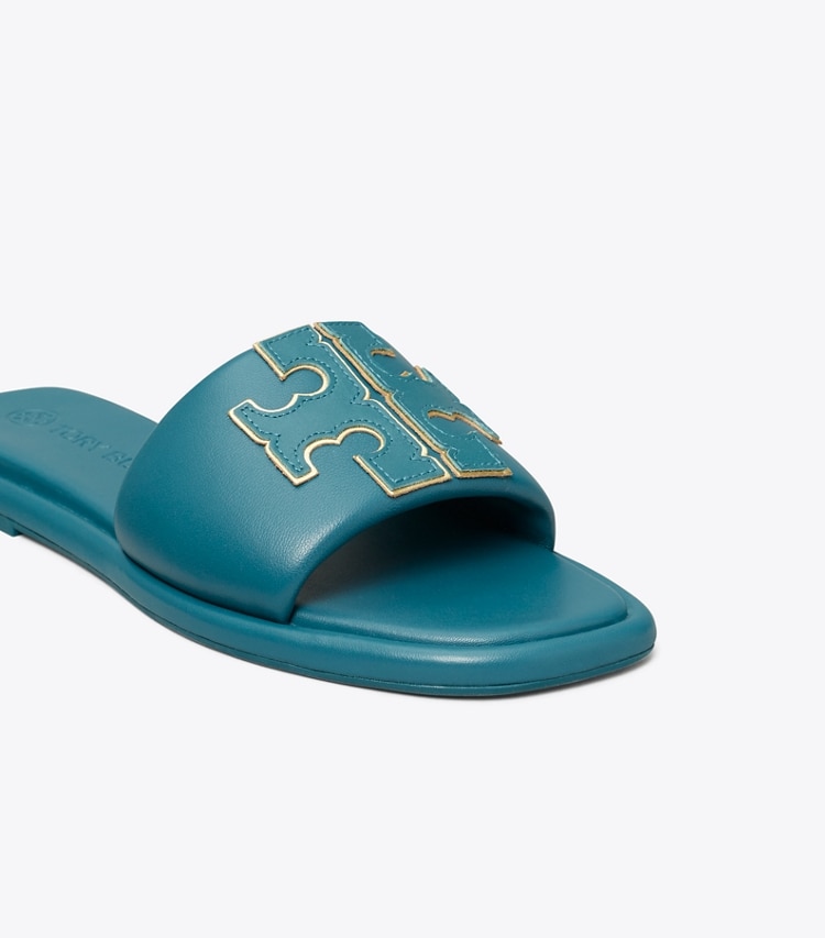 Tory Burch designer sandals Double T Sport Slide in BRISK BLUE / GOLD detail