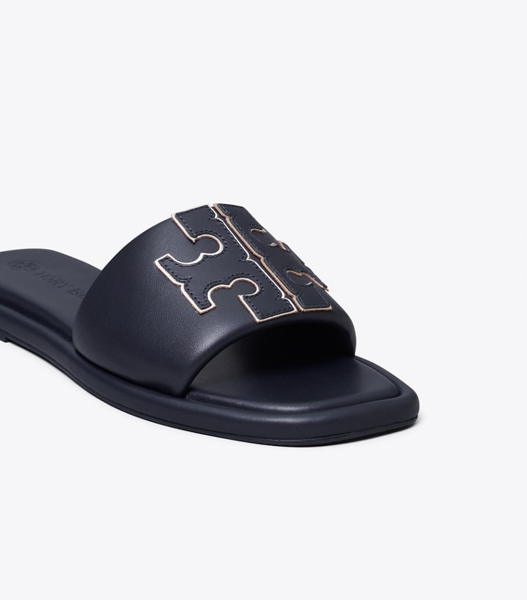 Tory Burch designer sandals Double T Sport Slide in PERFECT NAVY / GOLD detail