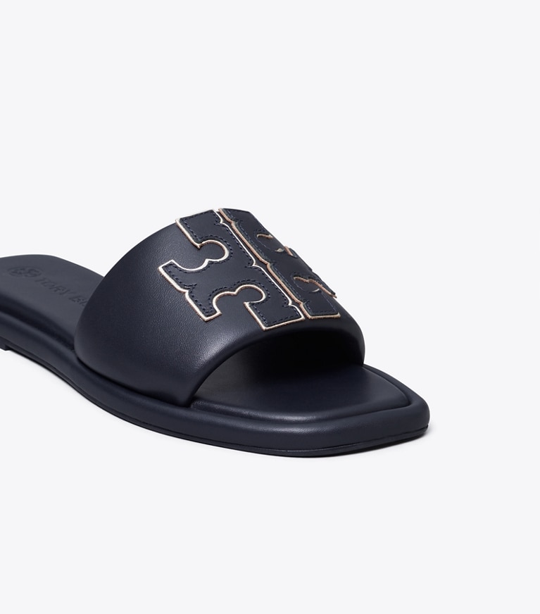 Tory Burch designer sandals Double T Sport Slide in PERFECT NAVY / GOLD angle