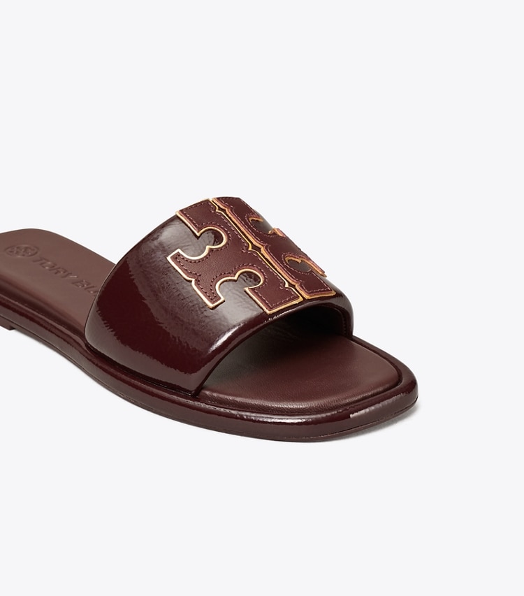Tory Burch designer sandals Double T Sport Slide in PLUM / GOLD detail