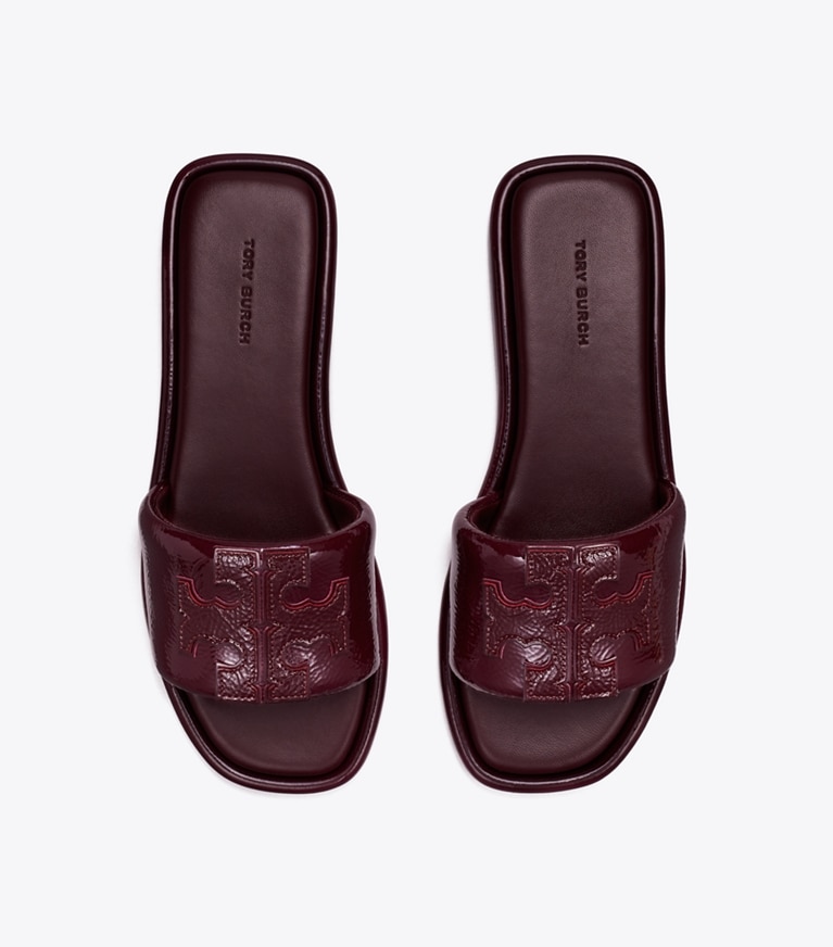 Tory Burch designer sandals Double T Sport Slide in MERLOT overhead