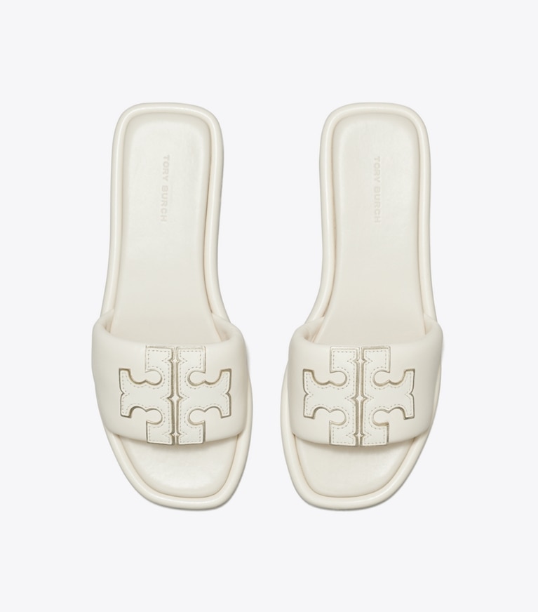 Tory Burch designer sandals Double T Sport Slide in LIGHT CREAM / GOLD angle