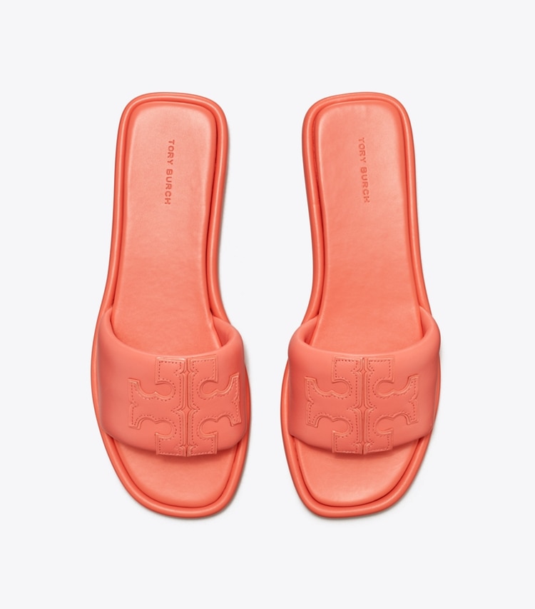 Tory Burch designer sandals Double T Sport Slide in Coral Crush overhead