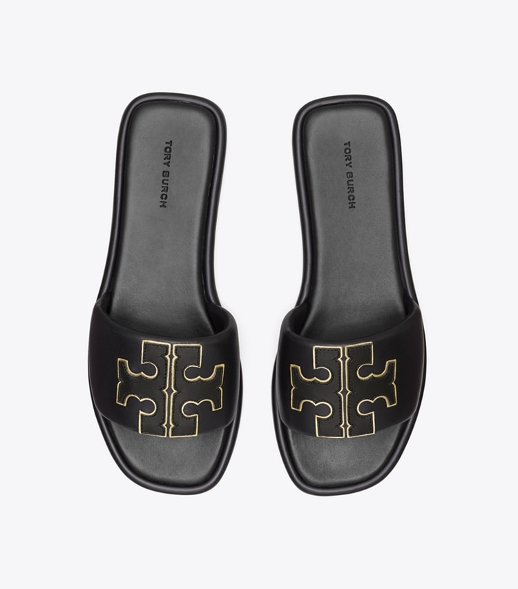 Tory Burch designer sandals Double T Sport Slide in PERFECT BLACK / GOLD overhead