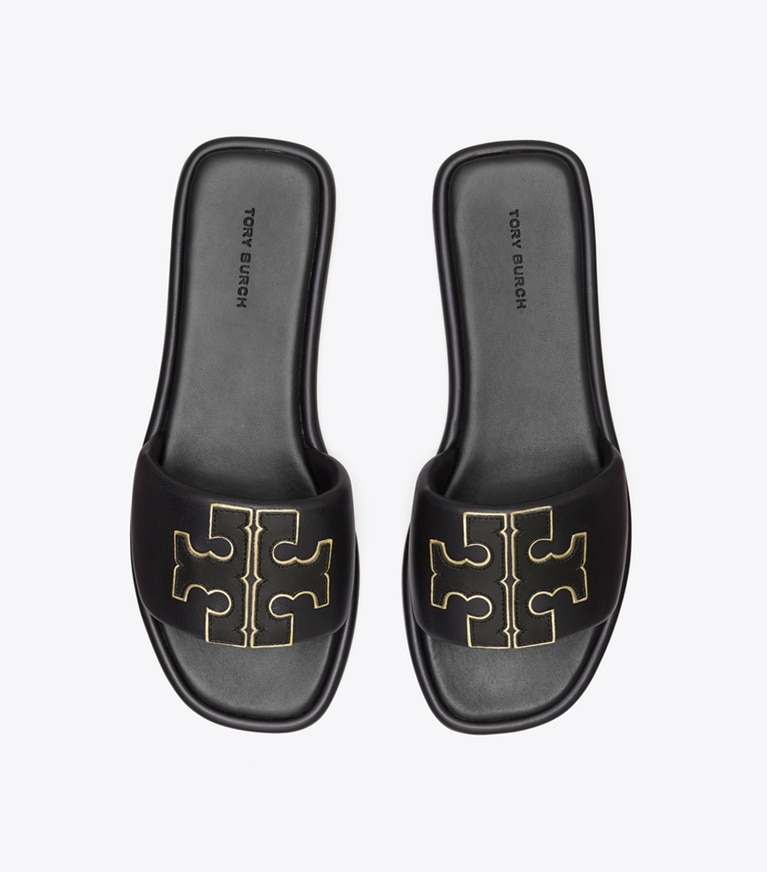 Tory Burch designer sandals Double T Sport Slide in PERFECT BLACK / GOLD angle