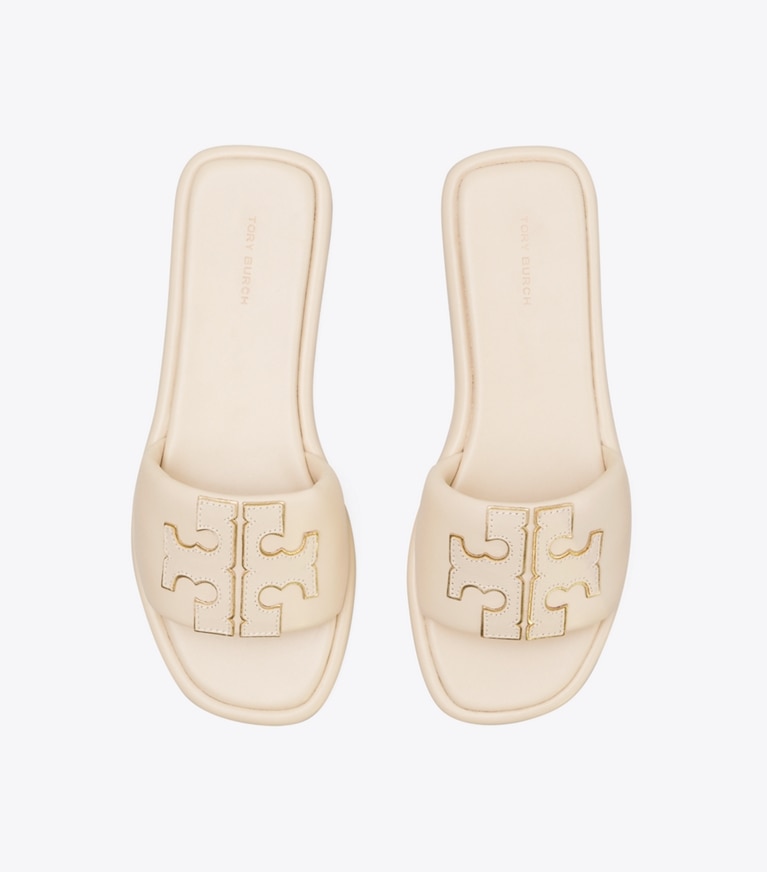 Tory Burch designer sandals Double T Sport Slide in Dulce De Leche / GOLD angle