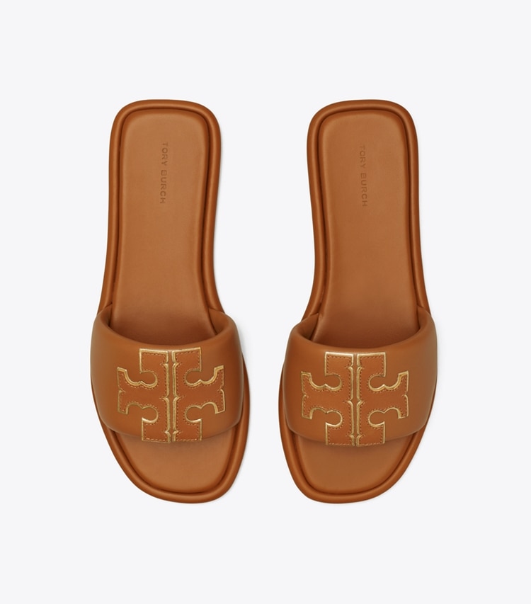Tory Burch designer sandals Double T Sport Slide in BOURBON MIELE / GOLD overhead