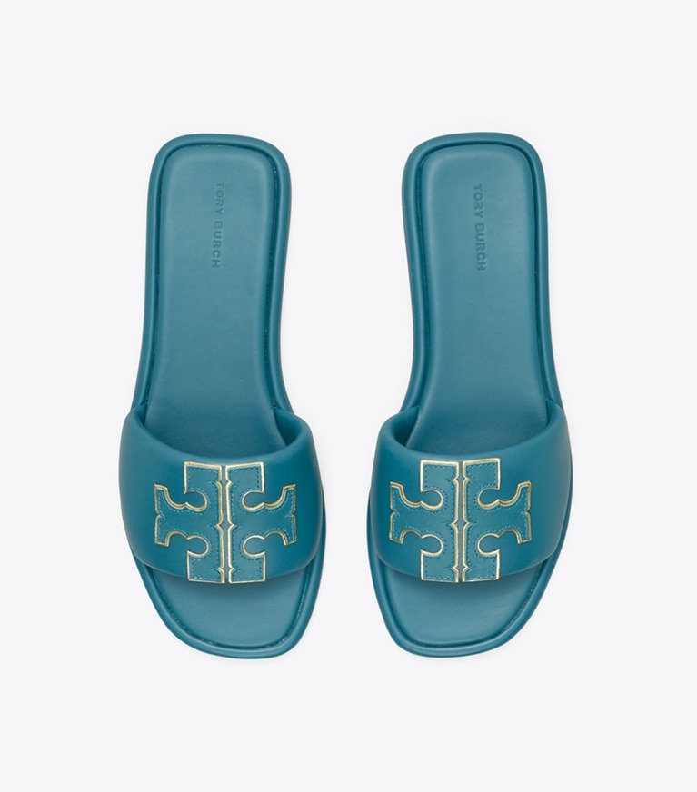 Tory Burch designer sandals Double T Sport Slide in BRISK BLUE / GOLD overhead