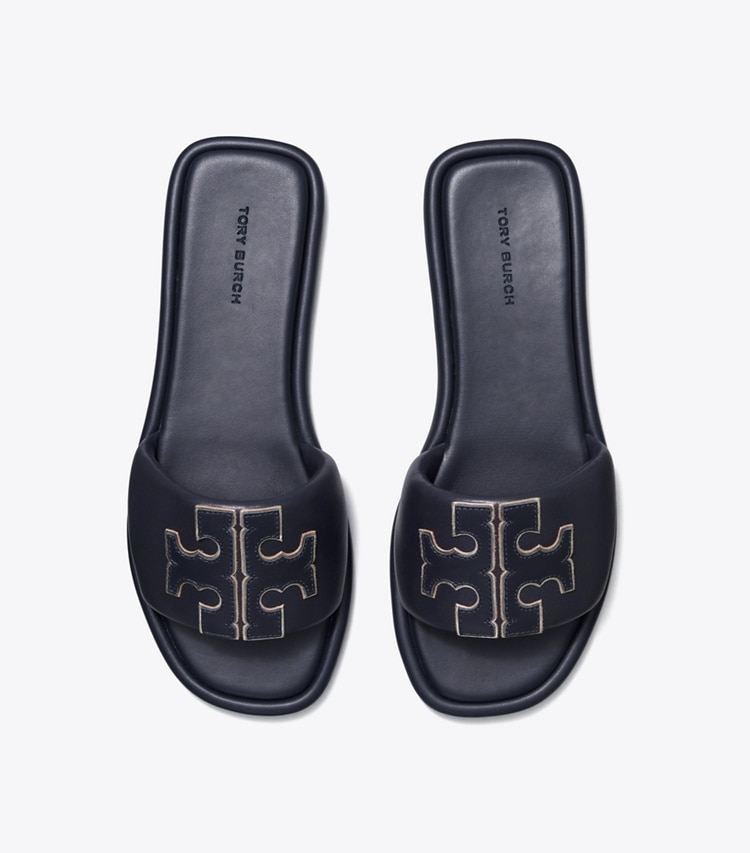 Tory Burch designer sandals Double T Sport Slide in PERFECT NAVY / GOLD overhead