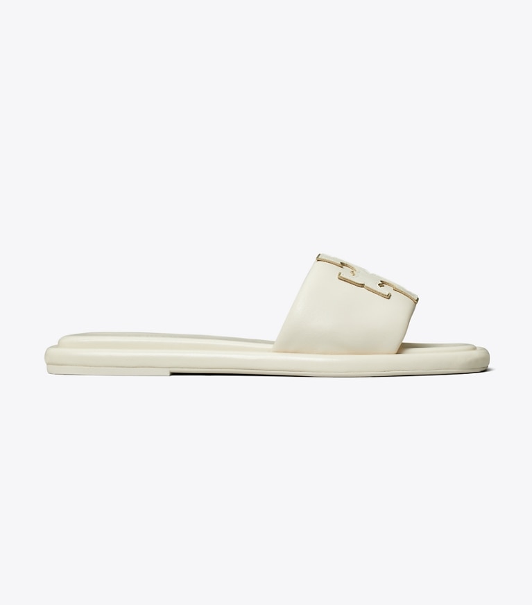 Tory Burch designer sandals Double T Sport Slide in LIGHT CREAM / GOLD angle