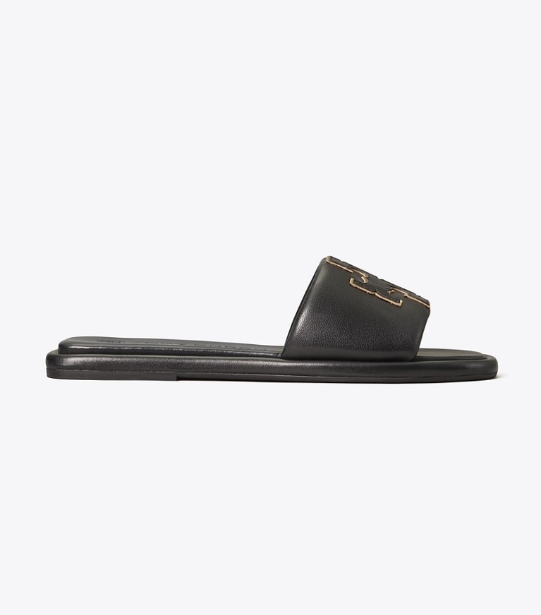 Tory Burch designer sandals Double T Sport Slide in PERFECT BLACK / GOLD angle