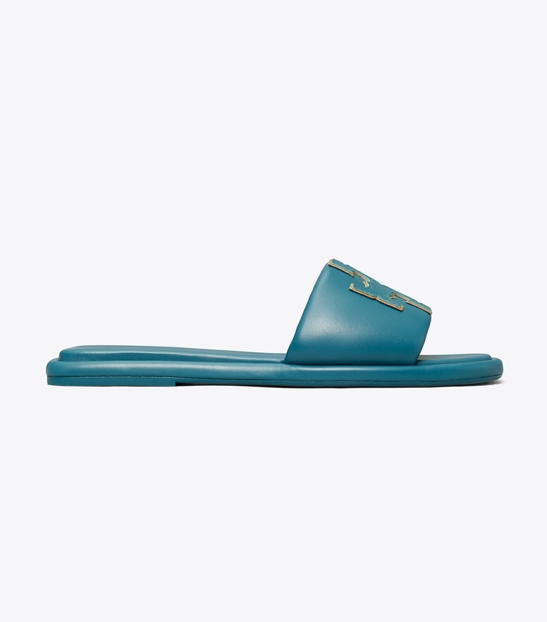 Tory Burch designer sandals Double T Sport Slide in BRISK BLUE / GOLD side