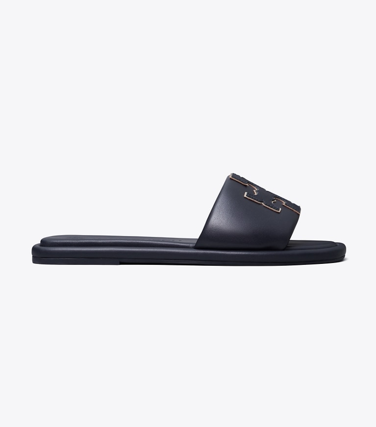Tory Burch designer sandals Double T Sport Slide in PERFECT NAVY / GOLD angle