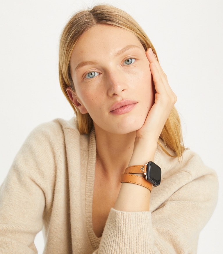 Tory Burch designer watches tory track smart watches Double Wrap T Band for Apple Watch® in LUGGAGE/OLIVE front