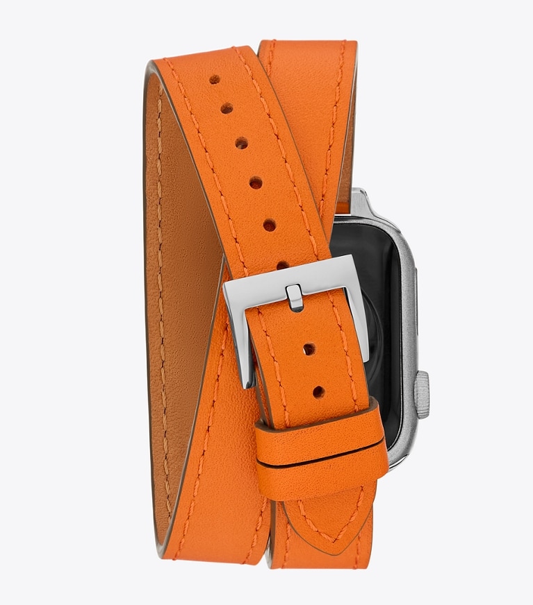 Tory Burch designer smart watches Double Wrap T Band for Apple Watch® in ORANGE/LUGGAGE front