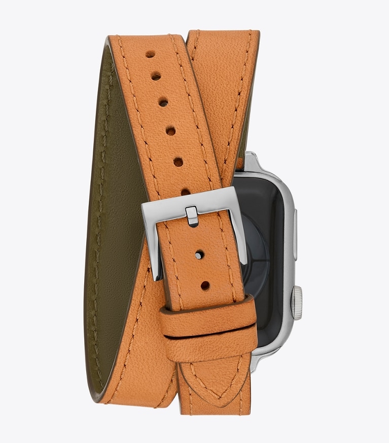 Tory Burch designer watches tory track smart watches Double Wrap T Band for Apple Watch® in LUGGAGE/OLIVE front
