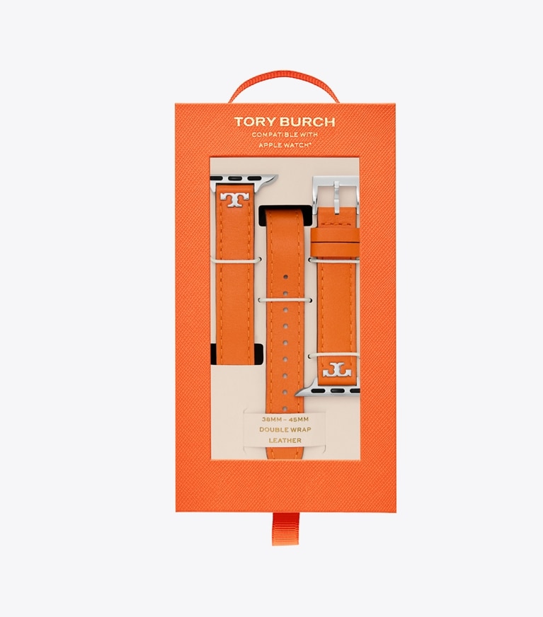 Tory Burch designer smart watches Double Wrap T Band for Apple Watch® in ORANGE/LUGGAGE front