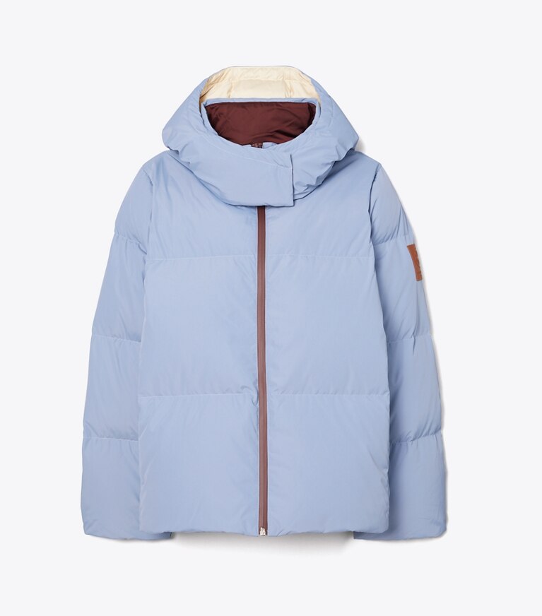 Tory Sport designer manteaux Doudoune unie à capuchon dans Pewter Blue de face