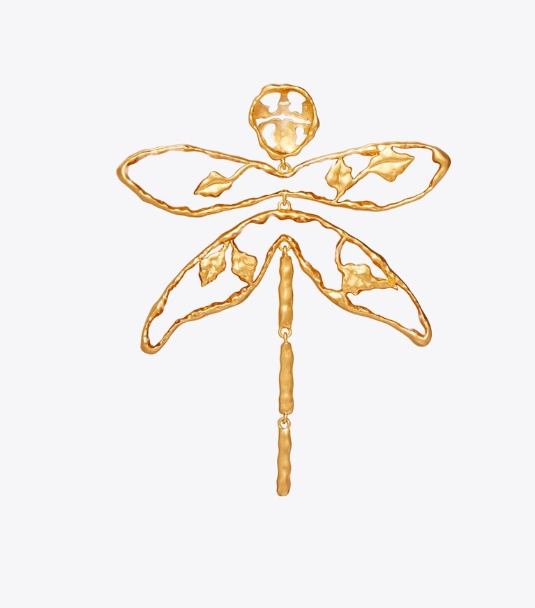 Tory Burch designer earrings Dragonfly Earring in Rolled Brass/Clear front