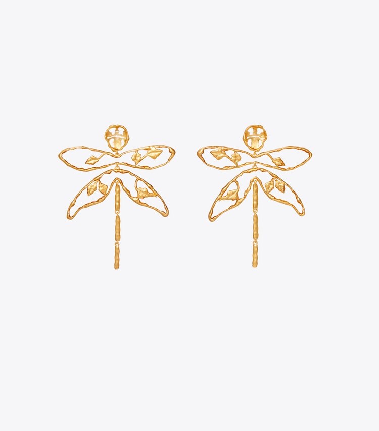 Tory Burch designer earrings Dragonfly Earring in Rolled Brass/Clear front