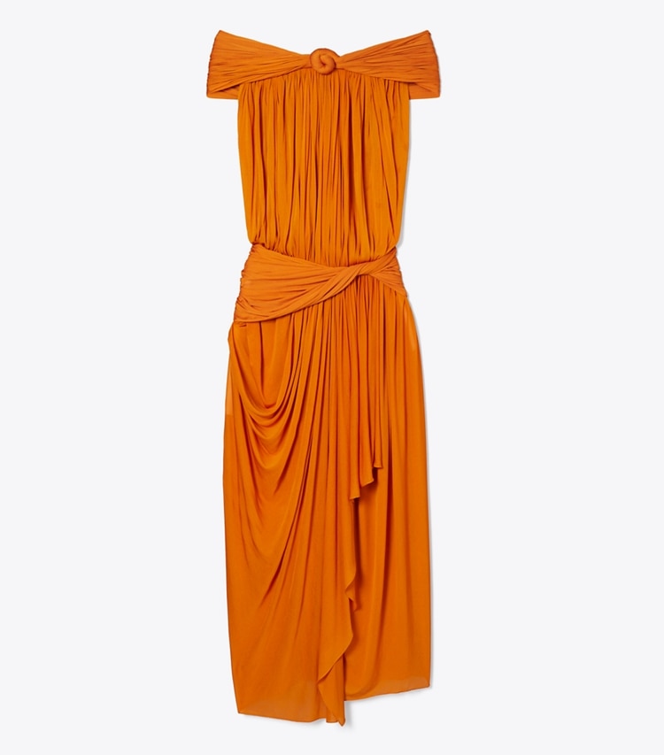 Tory Burch designer dresses Draped Jersey Dress in Marigold front