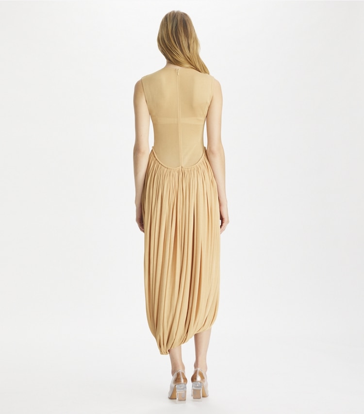 Tory Burch designer dresses Draped Jersey Dress in Washed Apricot on model back