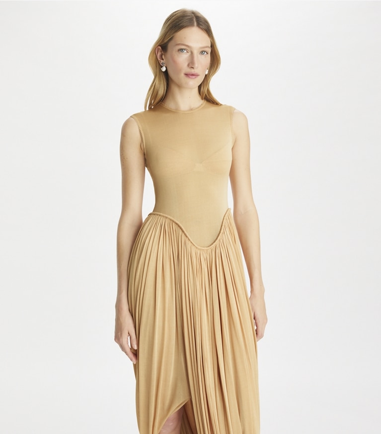 Tory Burch designer dresses Draped Jersey Dress in Washed Apricot front