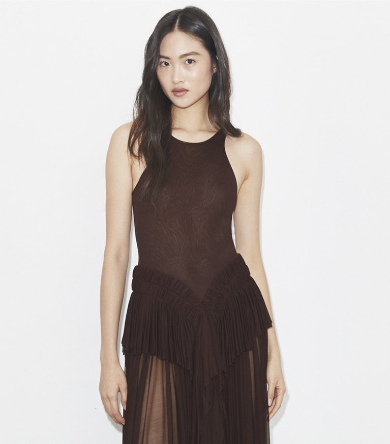 Tory Burch designer dresses Draped Jersey Dress in Spiced Chocolate front