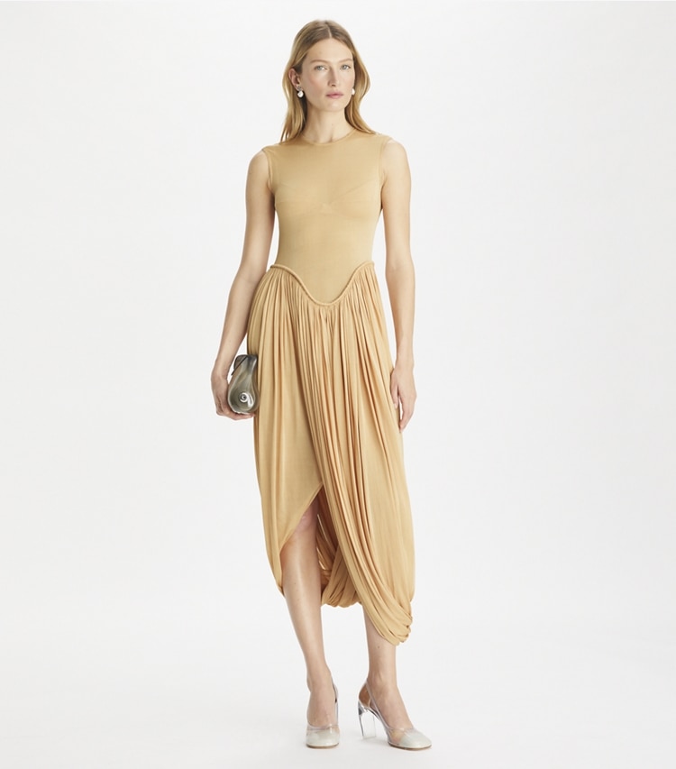Tory Burch designer dresses Draped Jersey Dress in Washed Apricot on model front