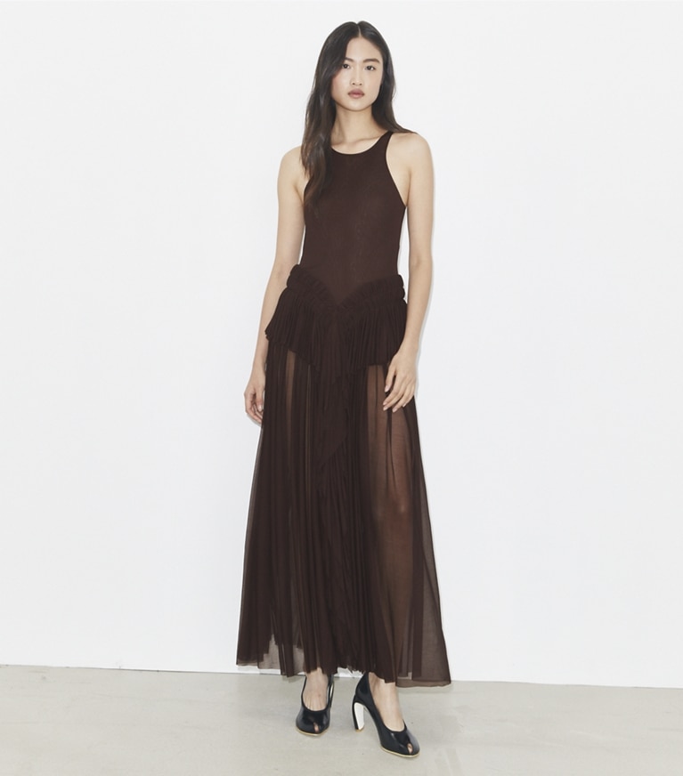 Tory Burch designer dresses Draped Jersey Dress in Spiced Chocolate front