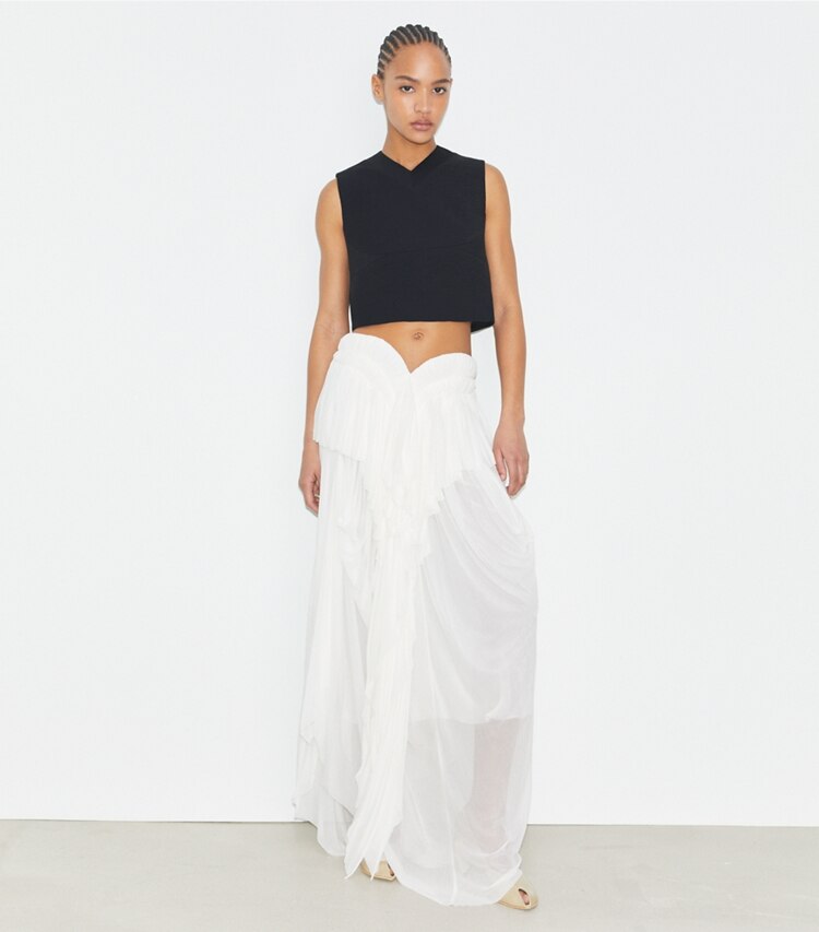 Tory Burch designer bottoms Draped Jersey Skirt in Marshmallow on model front