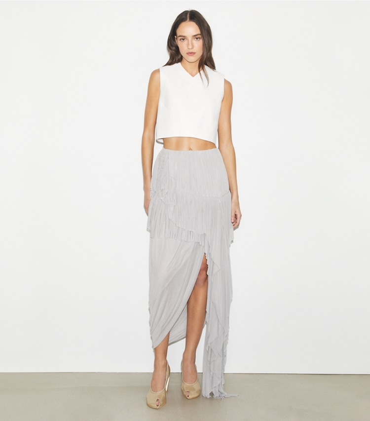 Tory Burch designer bottoms Draped Jersey Skirt in Fossil Gray on model front