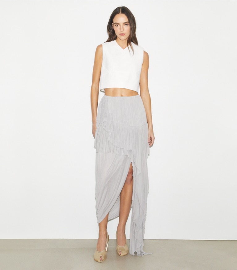 Tory Burch designer bottoms Draped Jersey Skirt in Fossil Gray front