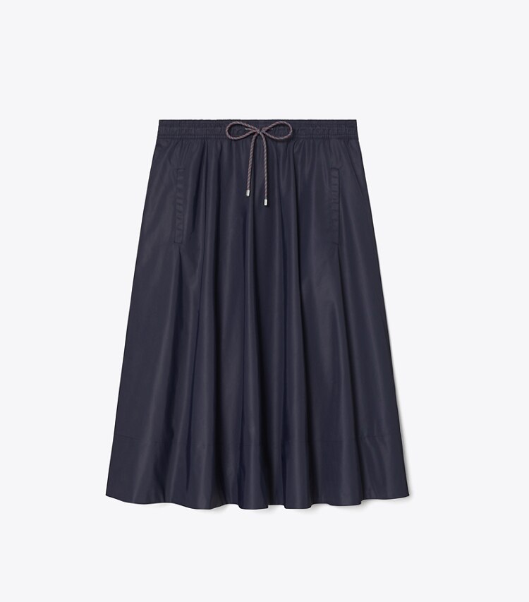 Tory Burch designer bottoms Drawstring Nylon Midi Skirt in Medium Navy front