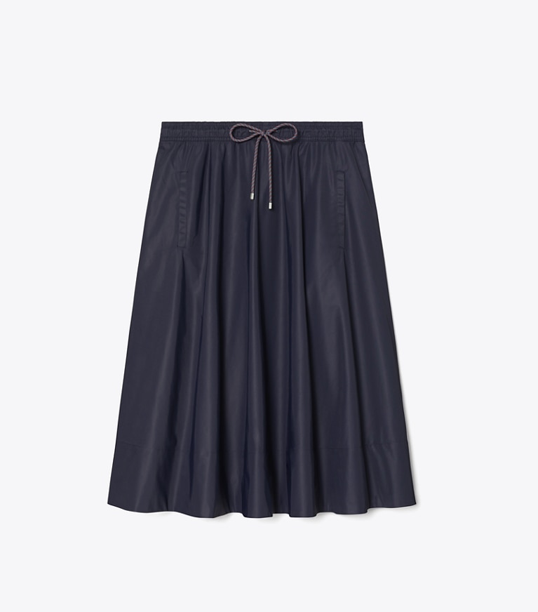 Tory Burch designer bottoms Drawstring Nylon Midi Skirt in Medium Navy front