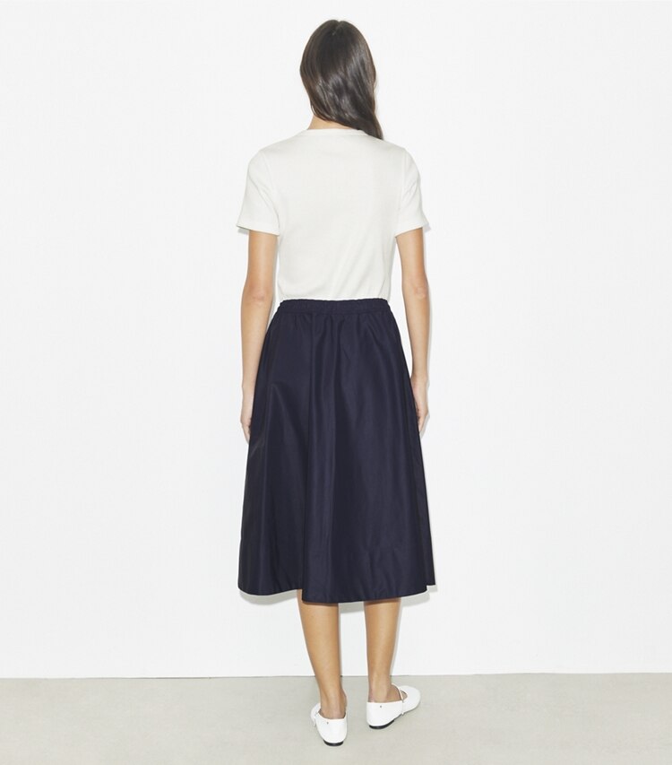 Tory Burch designer bottoms Drawstring Nylon Midi Skirt in Medium Navy on model back