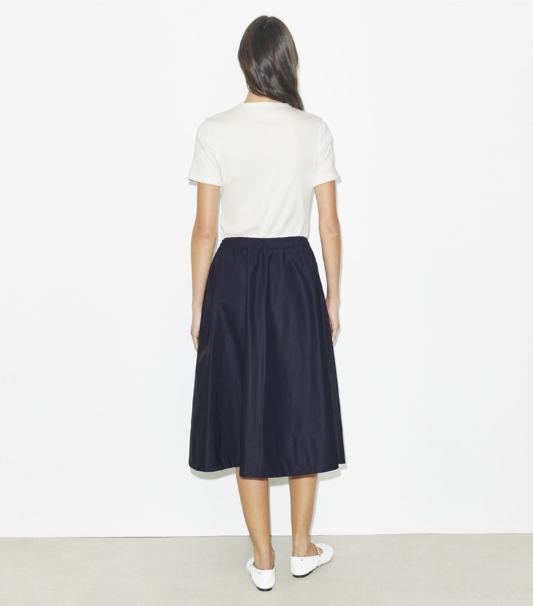 Tory Burch designer bottoms Drawstring Nylon Midi Skirt in Medium Navy front