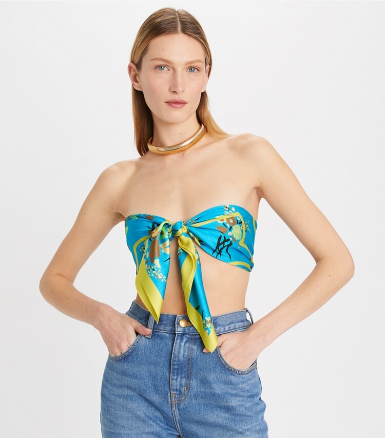 Tory Burch designer scarves Drip Bouquet Logo Square Scarf in Blue accessory on model