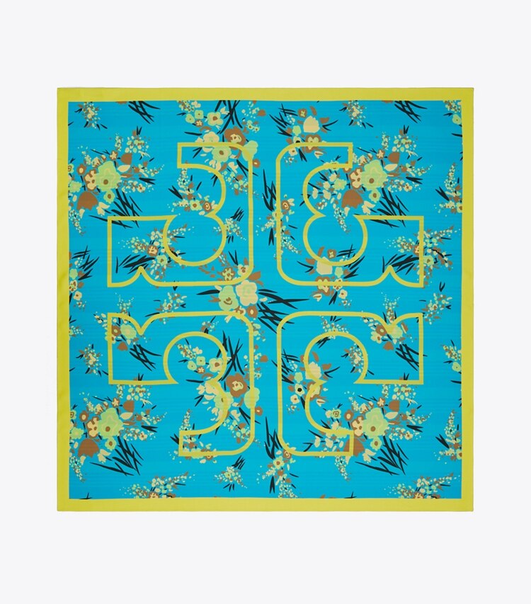 Tory Burch designer scarves Drip Bouquet Logo Square Scarf in Blue overhead